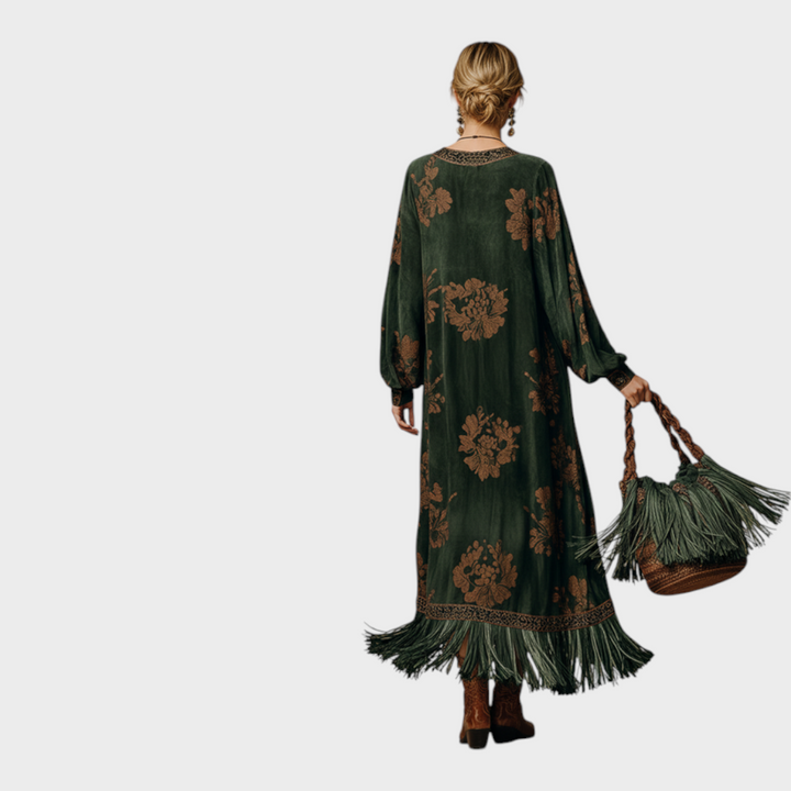 Marguerite printed fringe maxi dress, back view
