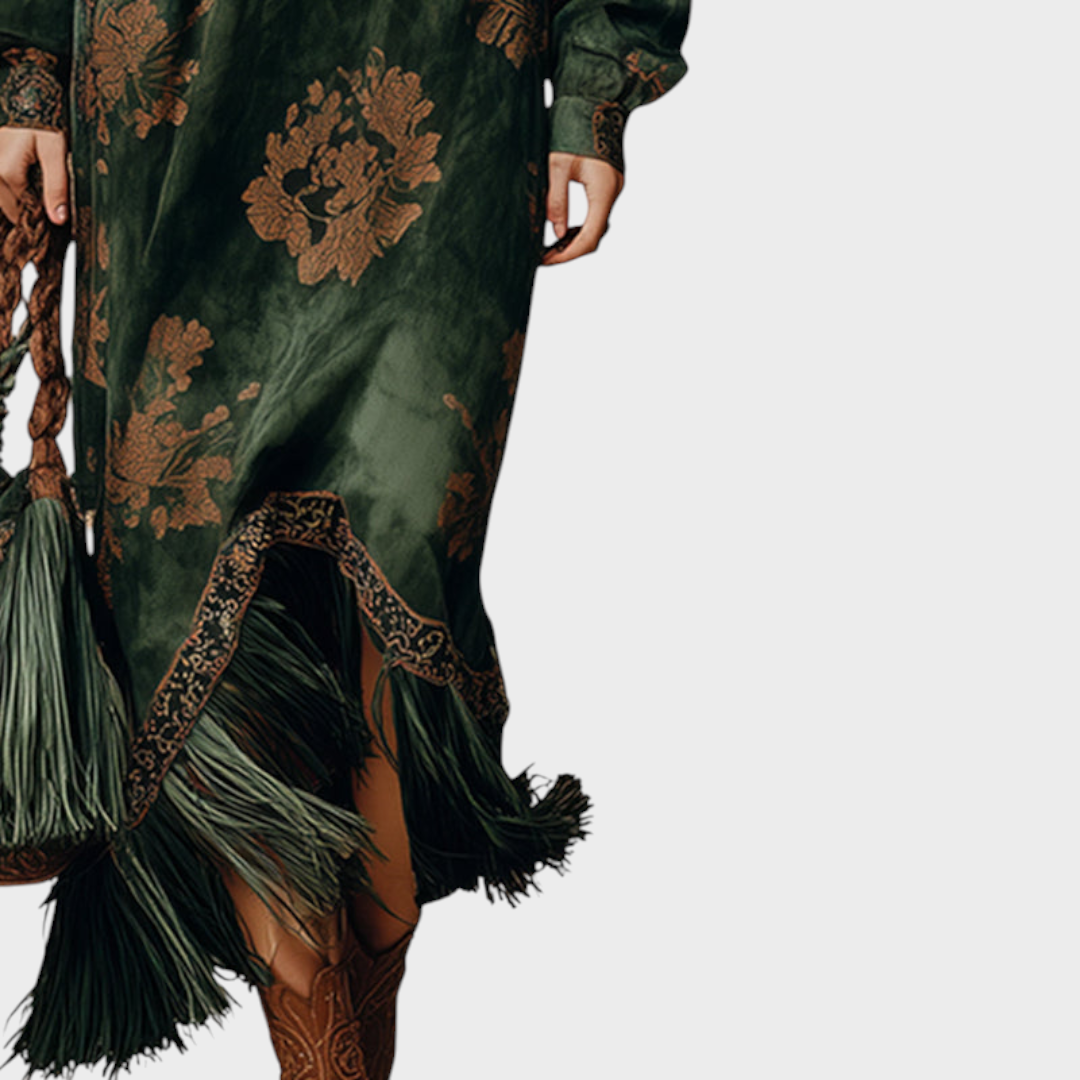 Marguerite fringe hemline detail on printed maxi dress