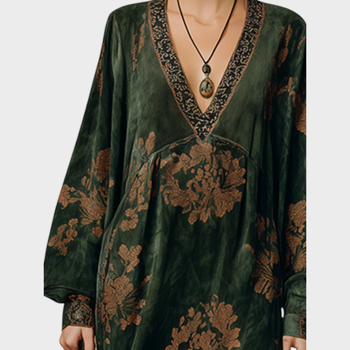 Marguerite fringe hemline detail on printed maxi dress