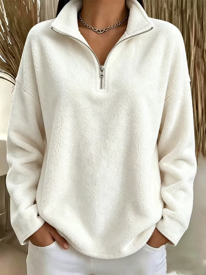 Harriet white quarter-zip fleece pullover sweater, front view