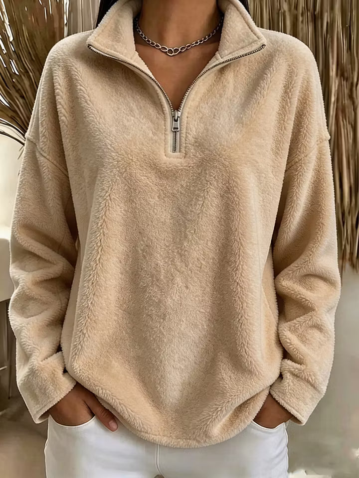 Harriet beige quarter-zip fleece pullover sweater, front view