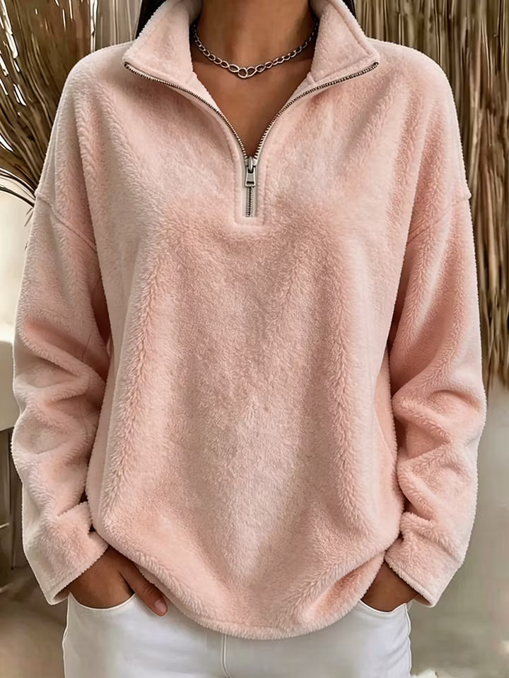 Harriet pink quarter-zip fleece pullover sweater, front view