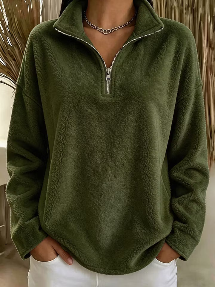 Harriet olive green quarter-zip fleece pullover sweater, front view