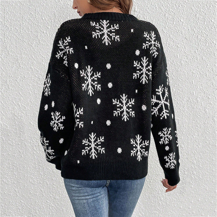 Hazel Christmas sweater, back view showing snowflake pattern