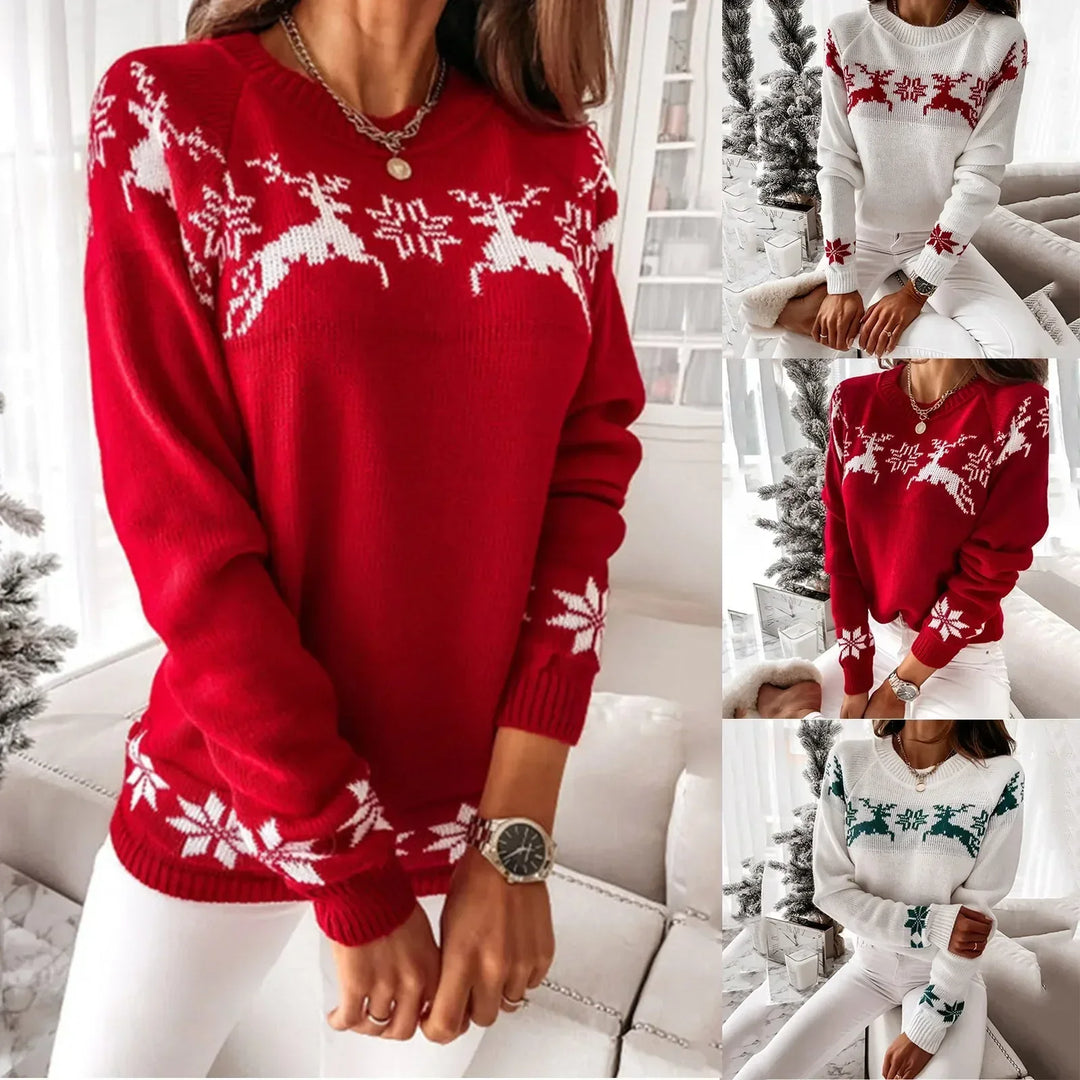 Rosalie christmas sweater shown in white, red and green colorways