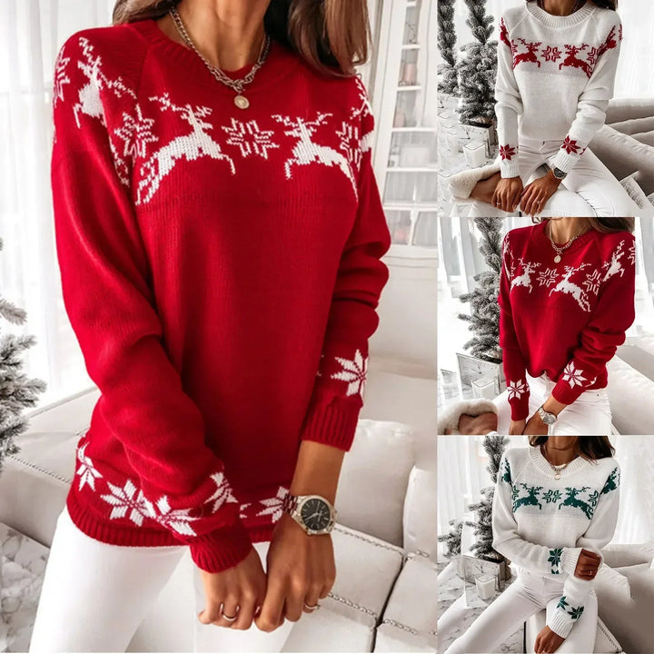 Rosalie christmas sweater shown in white, red and green colorways