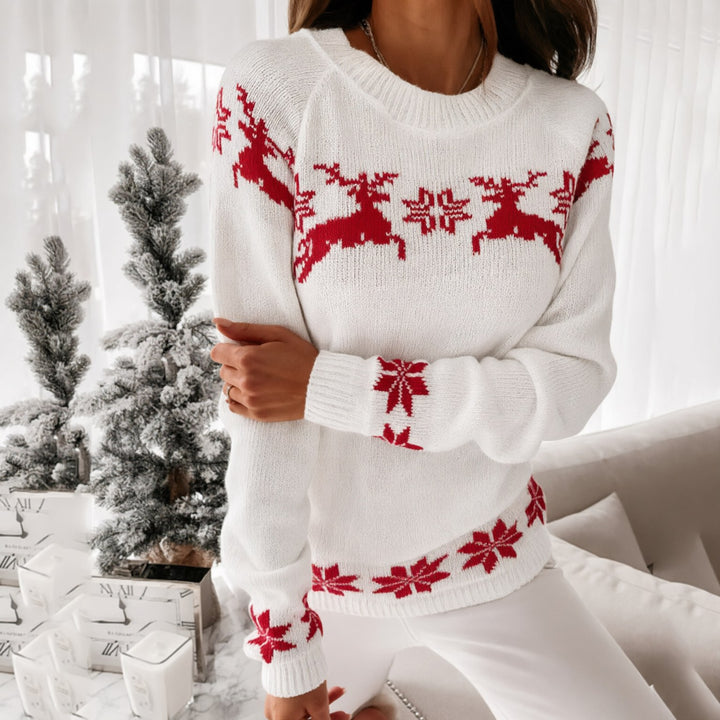 Rosalie reindeer and snowflake pattern sweater, close-up front view