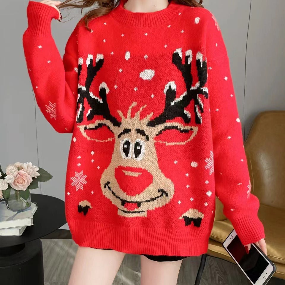 Clementine reindeer Christmas sweater, close-up detail view