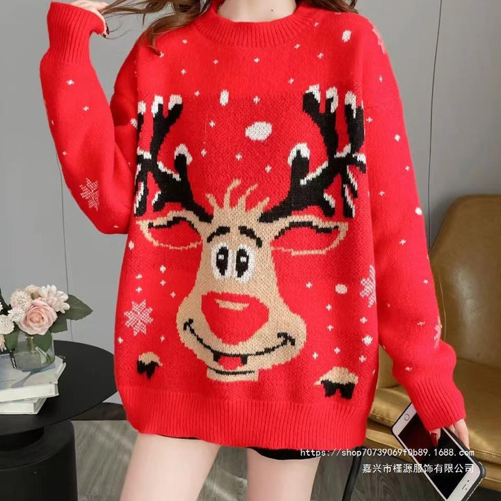 Clementine reindeer Christmas sweater, front view with phone in hand