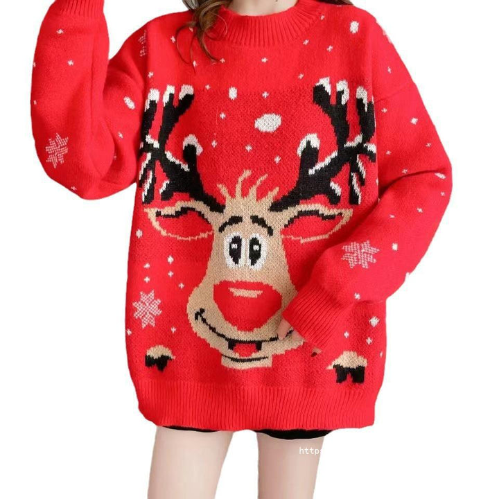 Clementine reindeer Christmas sweater, front view with phone in hand