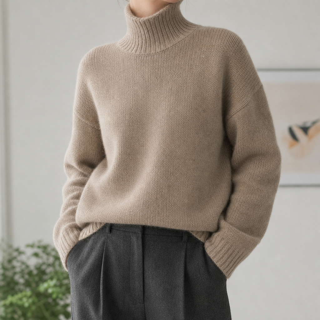 Marcellina relaxed turtleneck sweater in tan, front view