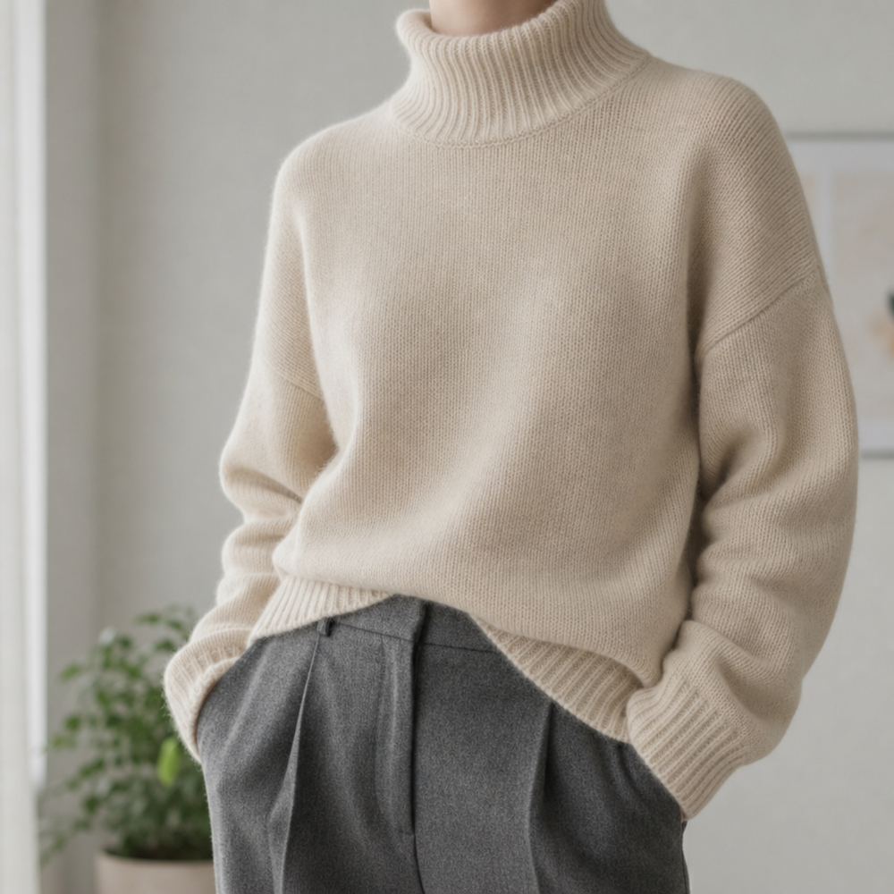 Marcellina turtleneck sweater in cream, close-up front view