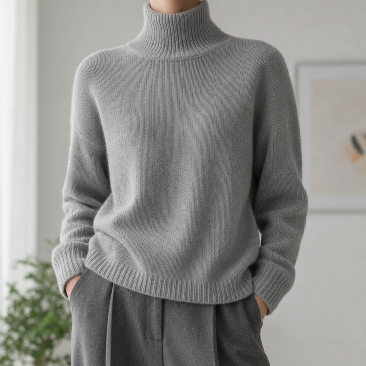 Marcellina turtleneck sweater in gray, front view
