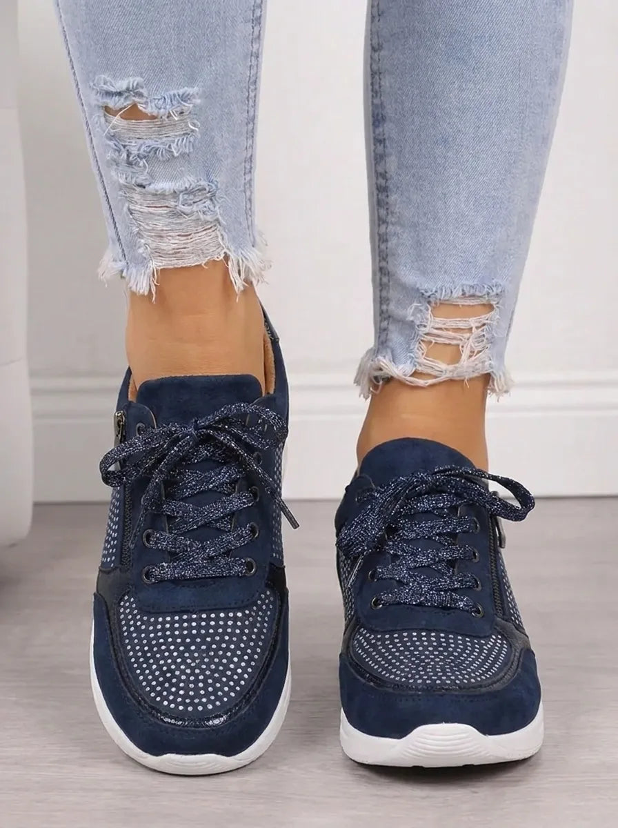 Veronique rhinestone lace-up sneakers, front view on model