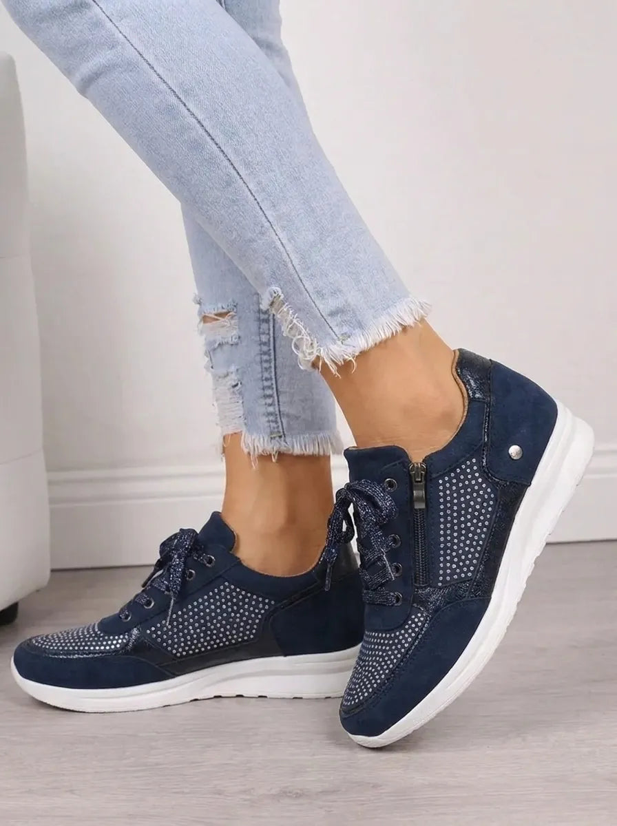 Veronique rhinestone lace-up sneakers, side profile with zipper detail