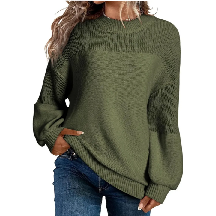 Marisol ribbed crew neck long sleeve sweater, front view close-up