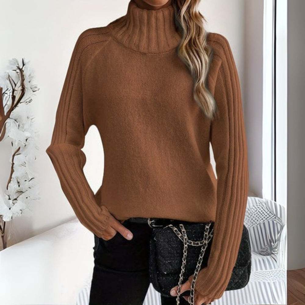 Fernanda ribbed turtleneck long sleeve sweater in brown, front view