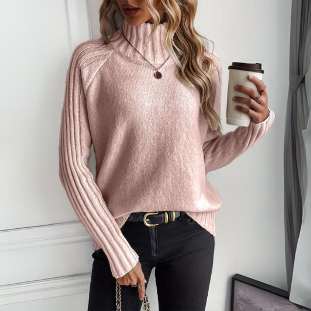 Fernanda ribbed turtleneck long sleeve sweater in pink, front view