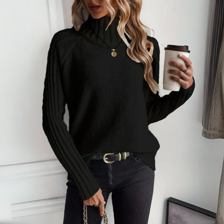 Fernanda ribbed turtleneck long sleeve sweater in black, front view