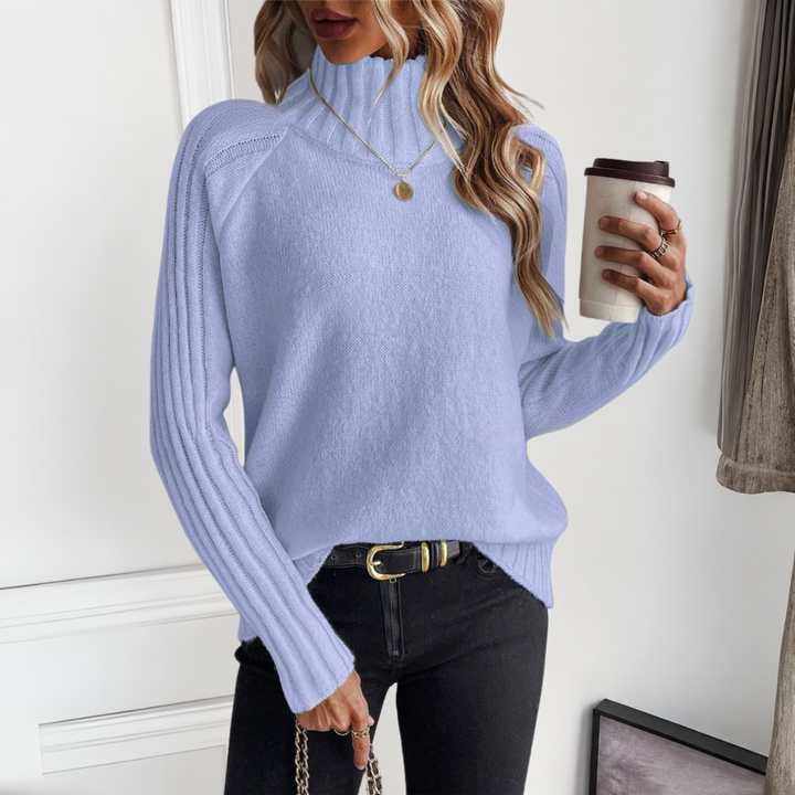 Fernanda ribbed turtleneck long sleeve sweater in black, front view