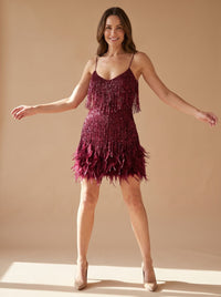 Women's Sequin Feather Fringe Mini Dress | Vespera