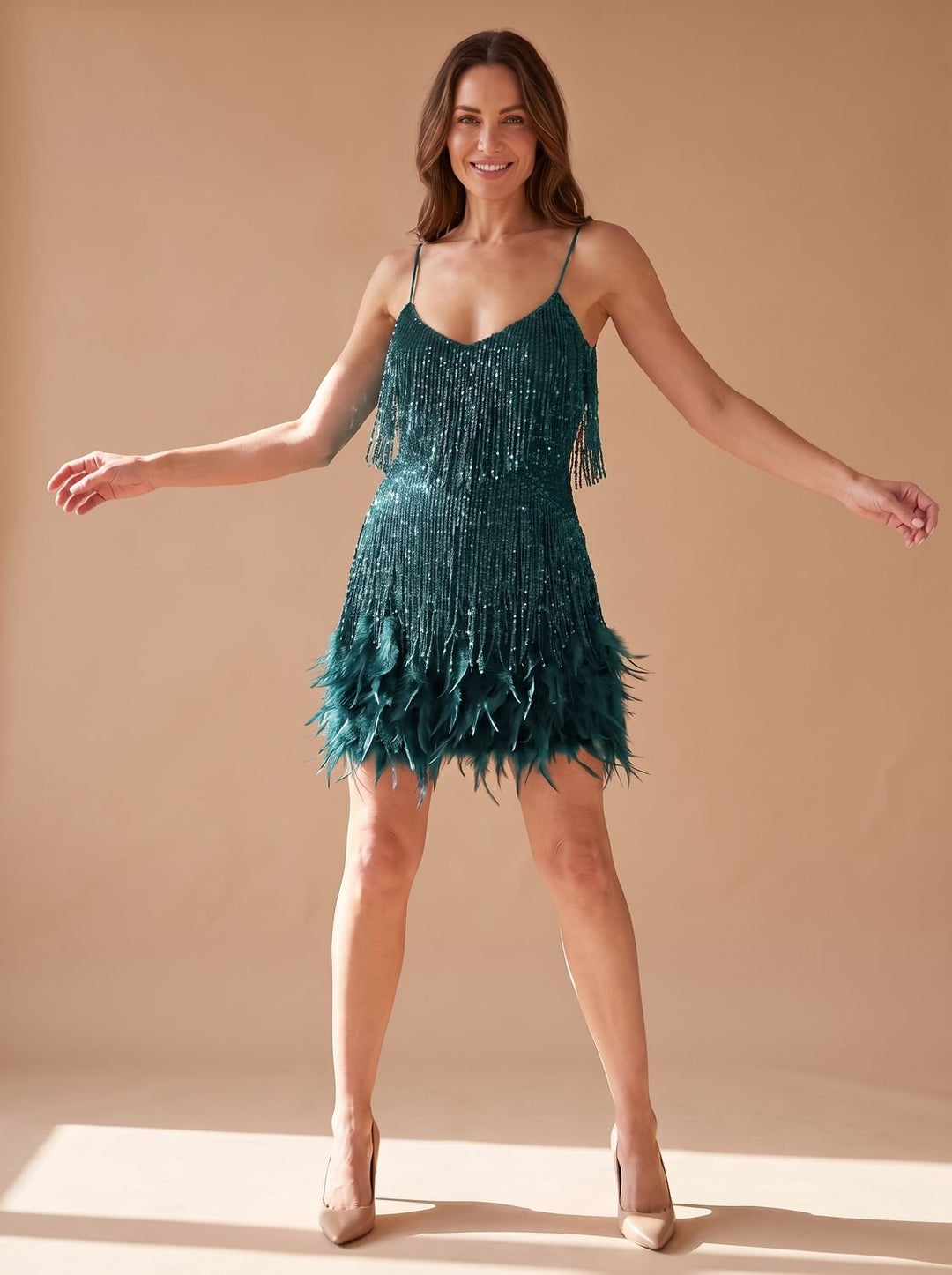 Vespera sequin mini dress with feather fringe hem, front view, navy blue