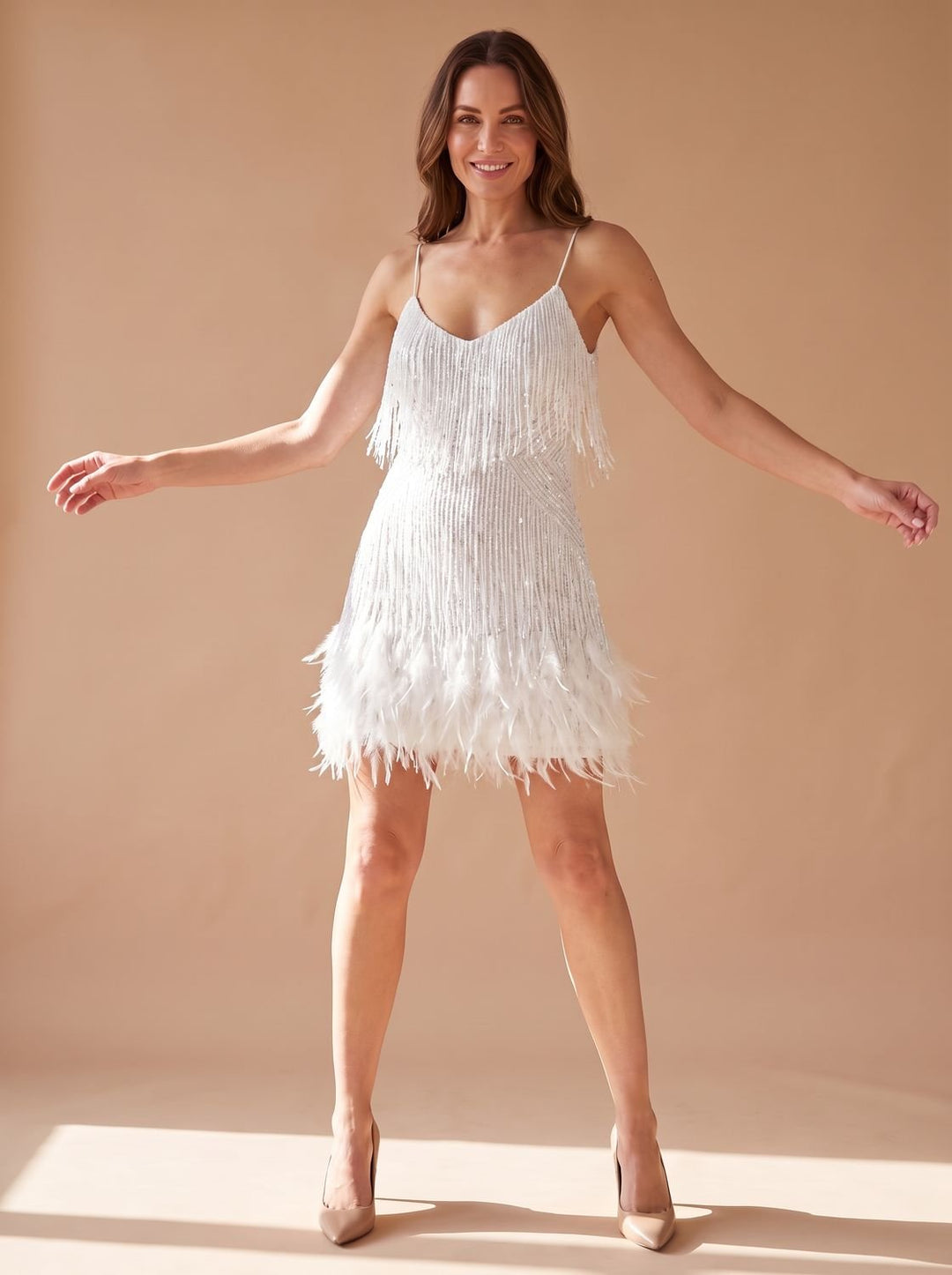 Vespera sequin mini dress with feather fringe hem, front view, navy blue