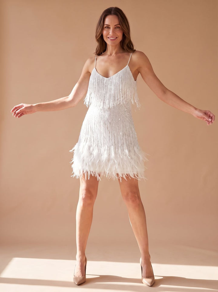 Vespera sequin mini dress with feather fringe hem, front view, navy blue