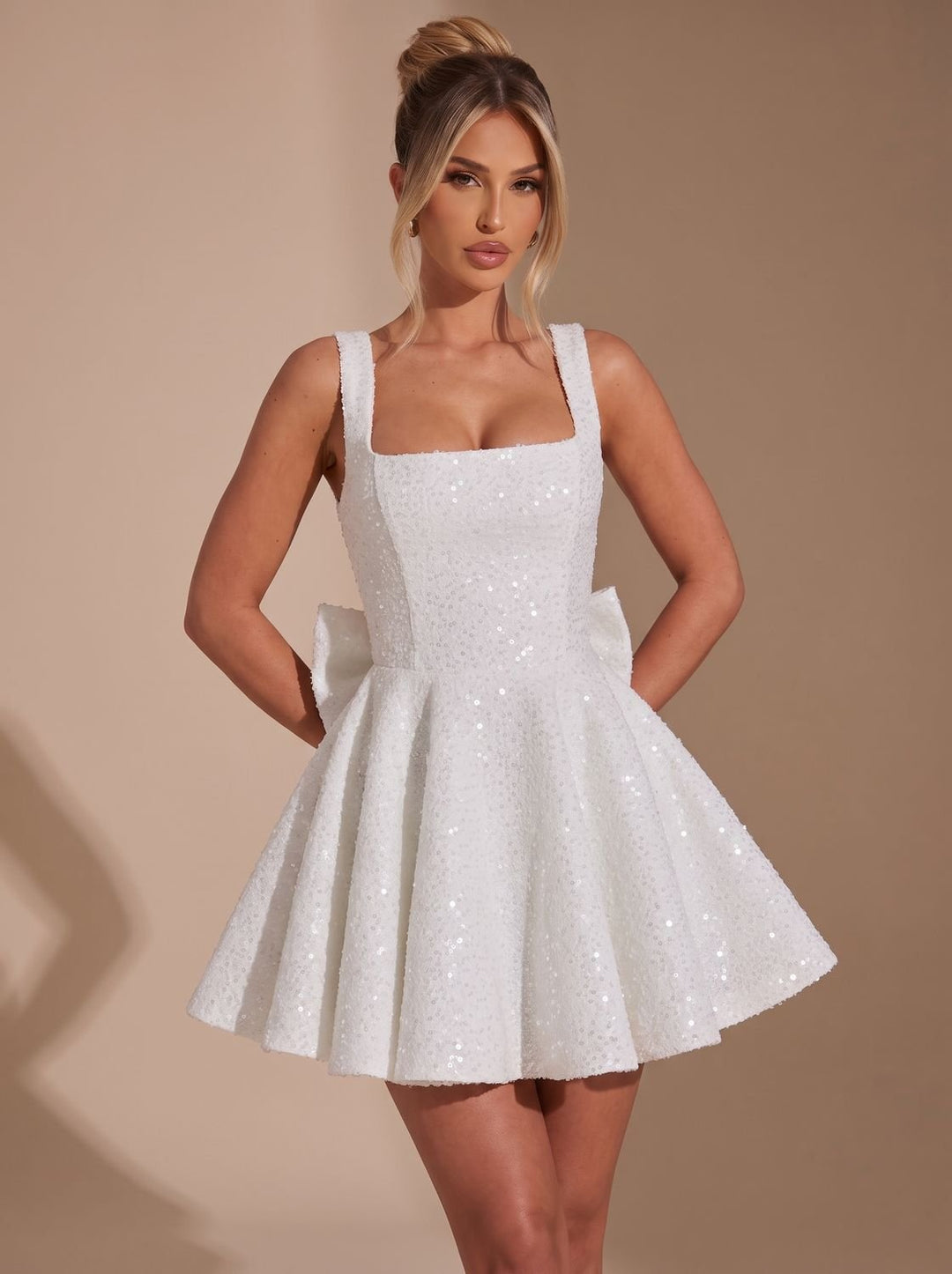 Harlowe sequin fit-and-flare dress, side profile view