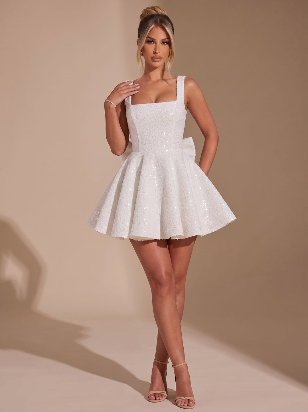 Harlowe sequin fit-and-flare dress, side profile view