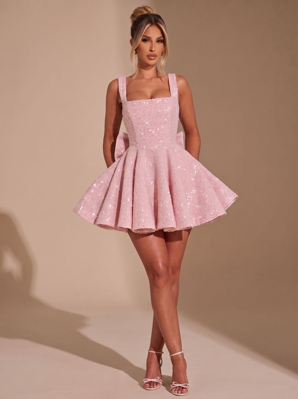 Harlowe sequin fit-and-flare mini dress with bow, close-up front view