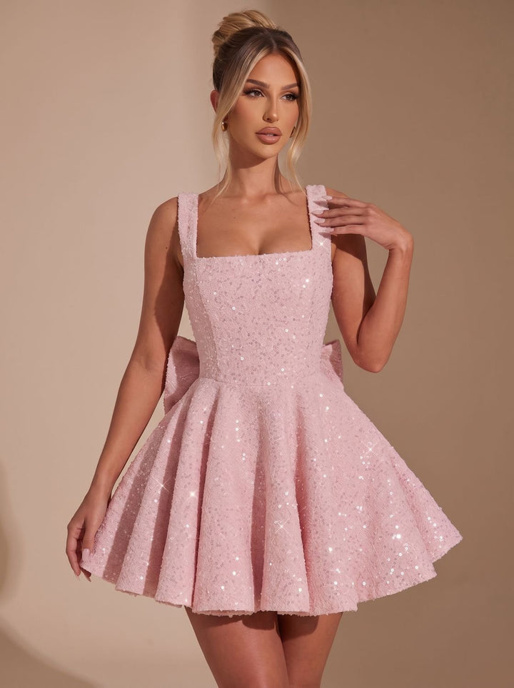 Harlowe sequin fit-and-flare dress, side profile view