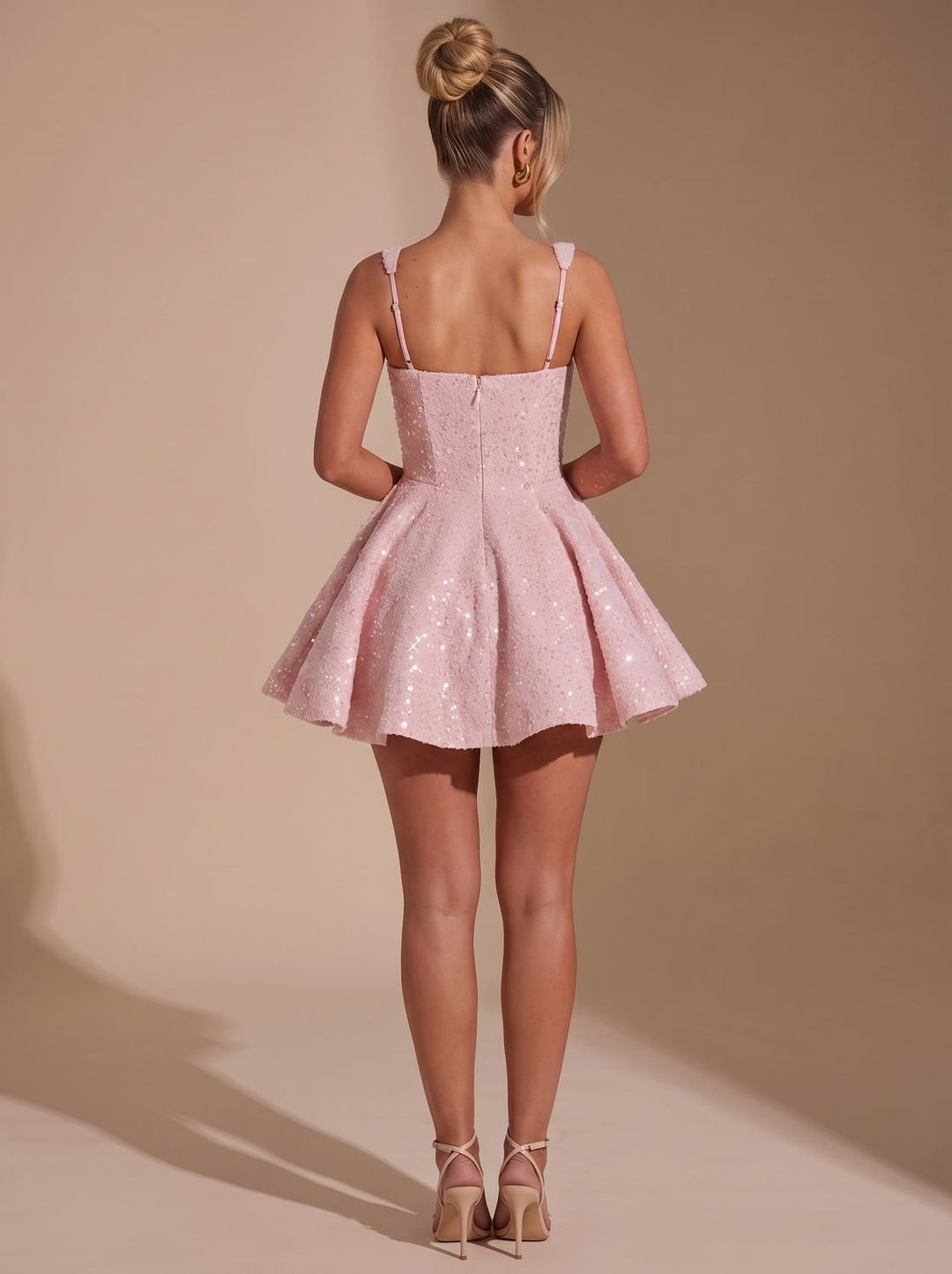 Harlowe sequin fit-and-flare dress, side profile view