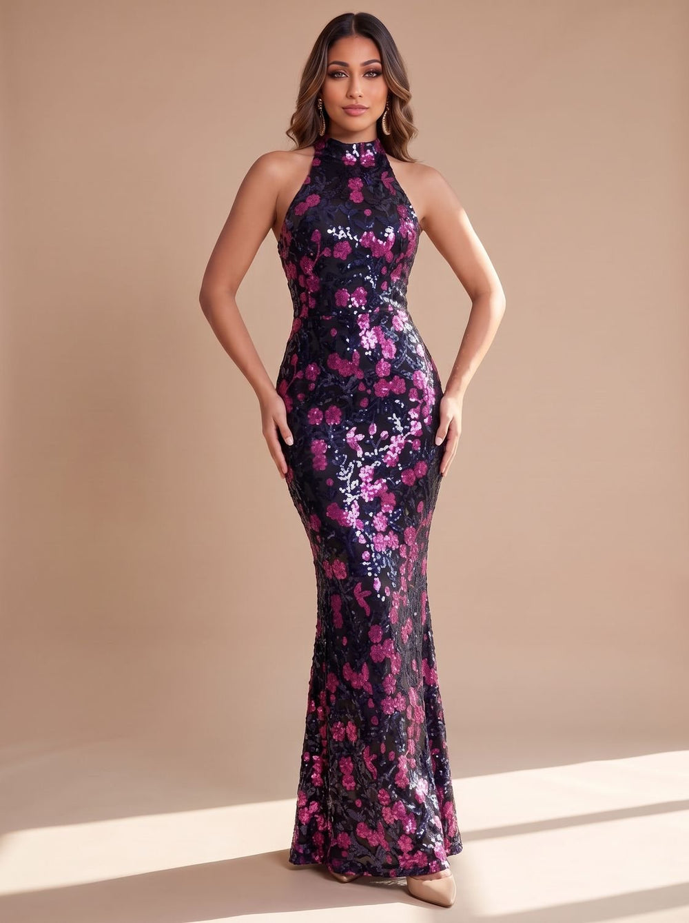Marcelline purple sequin floral mermaid gown with mock neck, front view