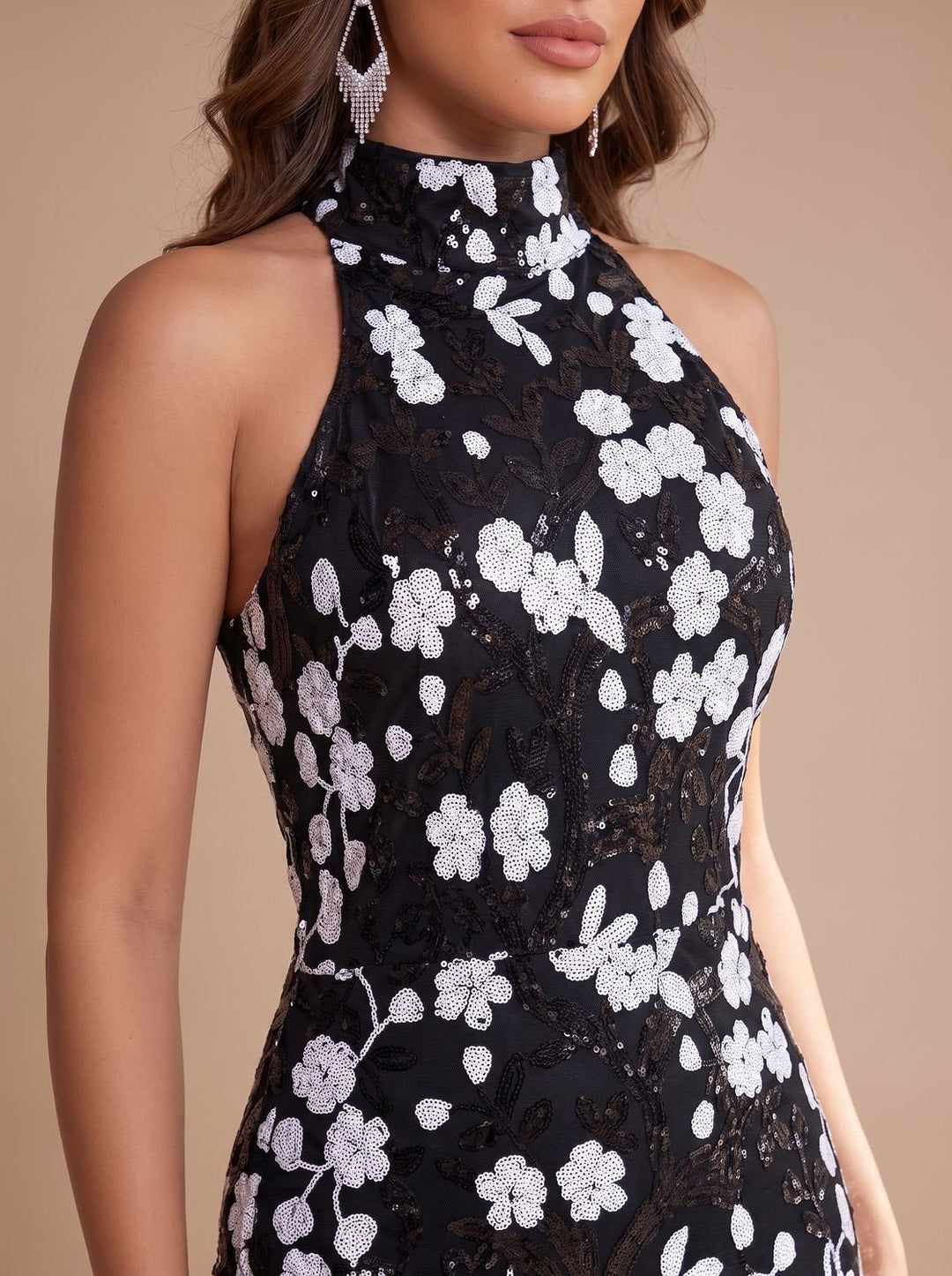 Marcelline sequin floral mock neck detail close-up