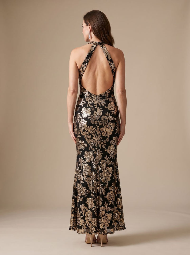 Marcelline sequin floral mock neck detail close-up