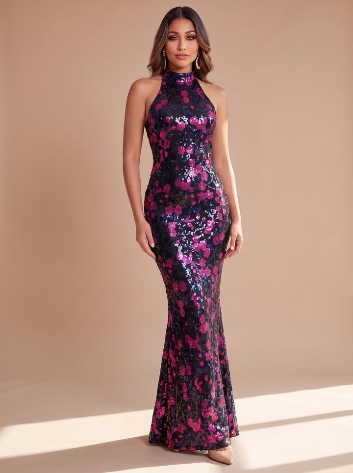 Marcelline sequin floral mock neck detail close-up