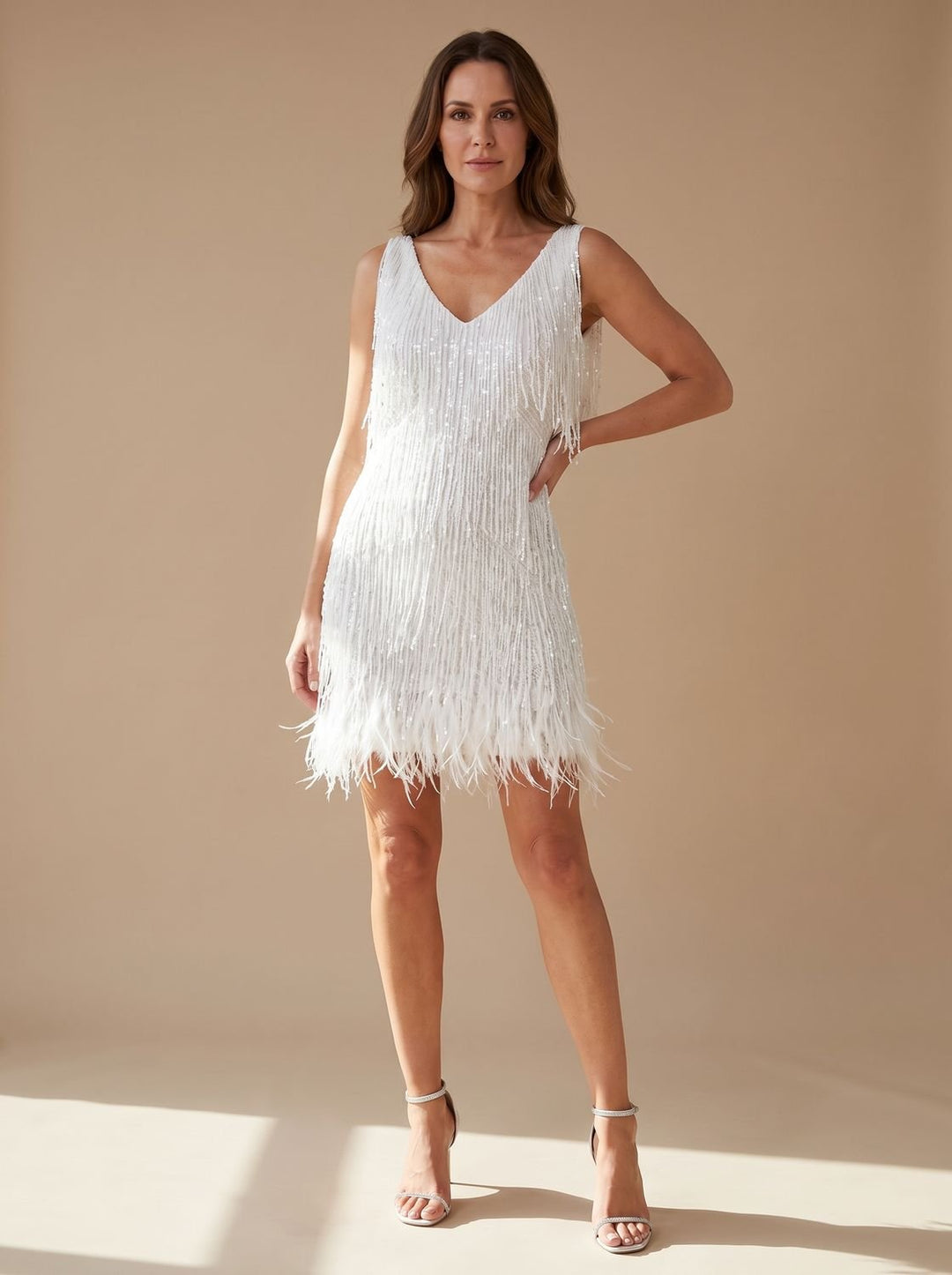 Rosalind sequin fringe mini dress in white with V-neck, front view