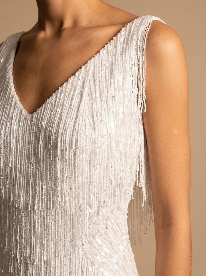 Rosalind sequin fringe mini dress in pink, side view close-up