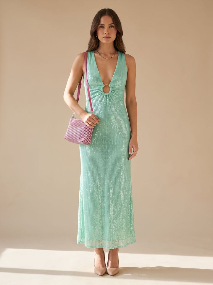 Vespera green sequin plunge-neck maxi dress, sleeveless style, front view