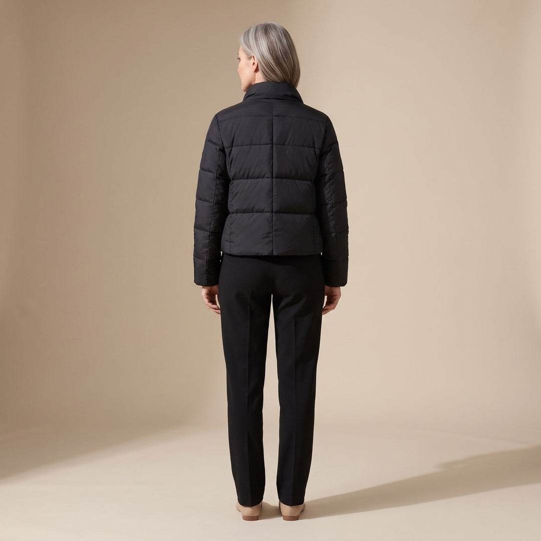 Odette quilted short puffer jacket in black, full outfit view on model