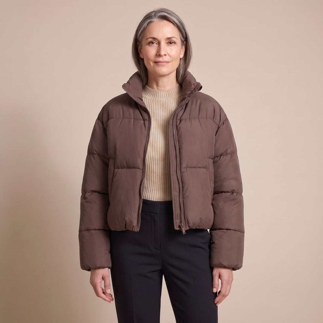 Odette quilted short puffer jacket in black, full outfit view on model