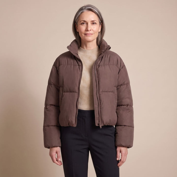 Odette quilted short puffer jacket in black, full outfit view on model