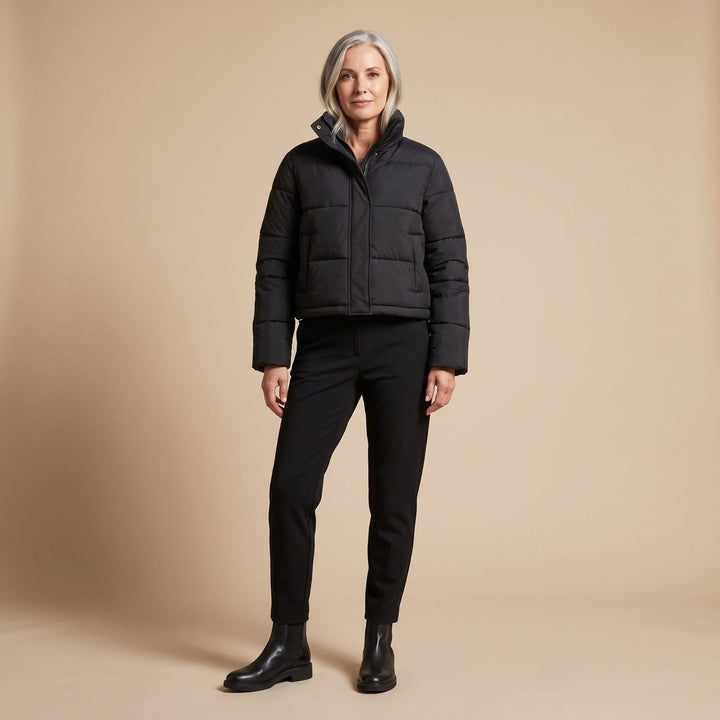 Odette quilted short puffer jacket in black, full outfit view on model