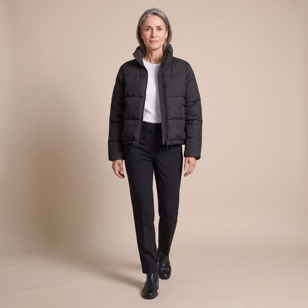 Odette quilted short puffer jacket in black, full outfit view on model