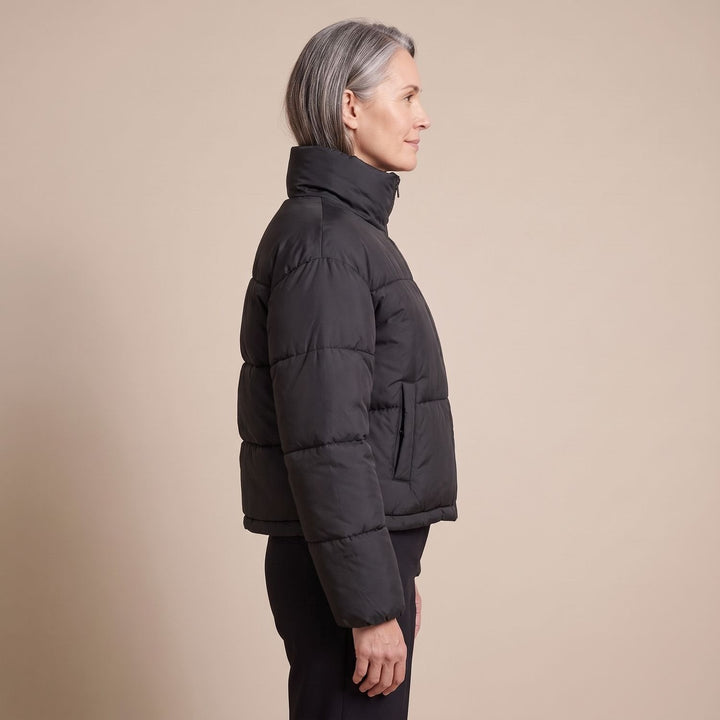 Odette quilted short puffer jacket in black, full outfit view on model