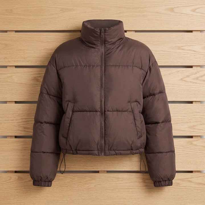 Odette quilted short puffer jacket in black, full outfit view on model