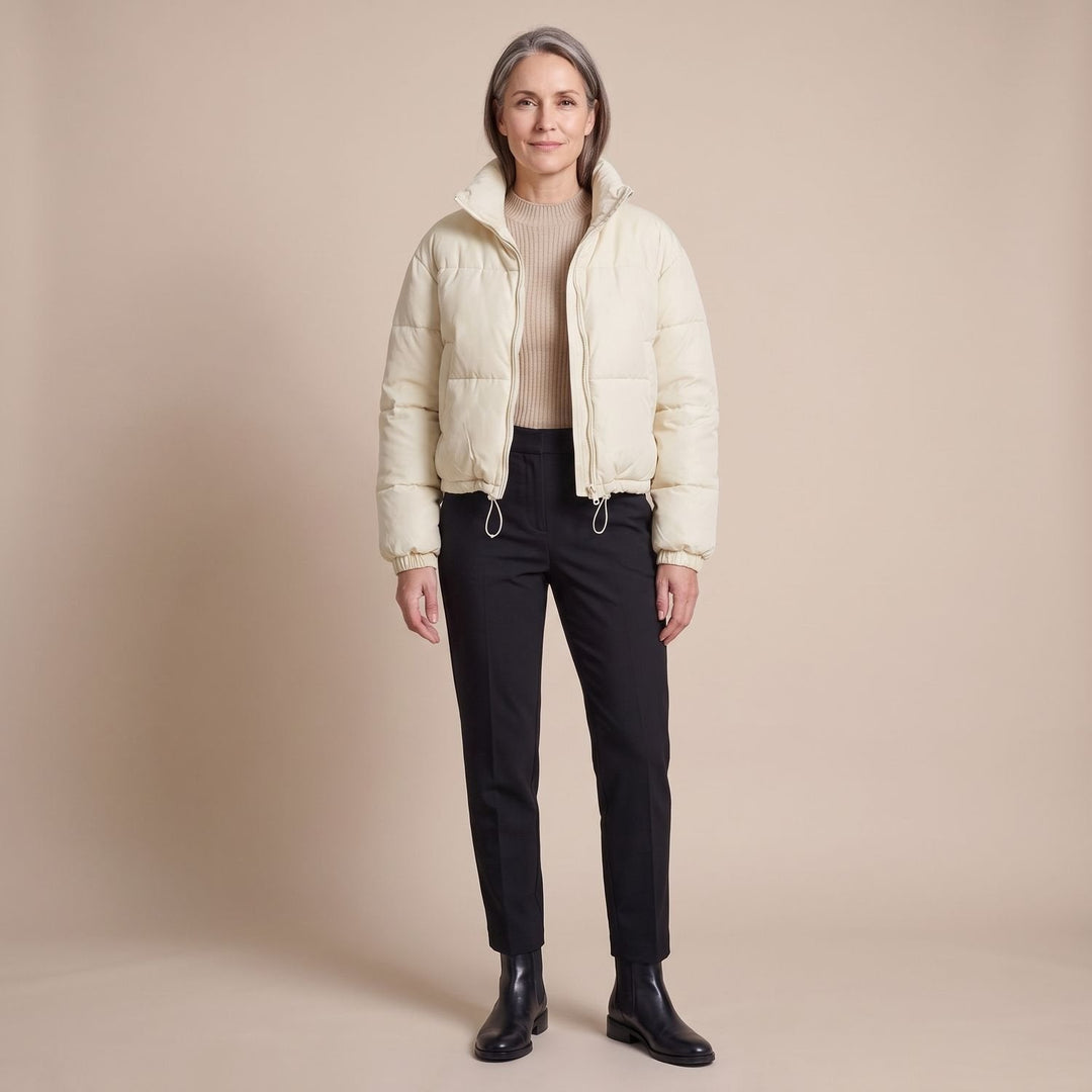 Odette quilted short puffer jacket in black, full outfit view on model