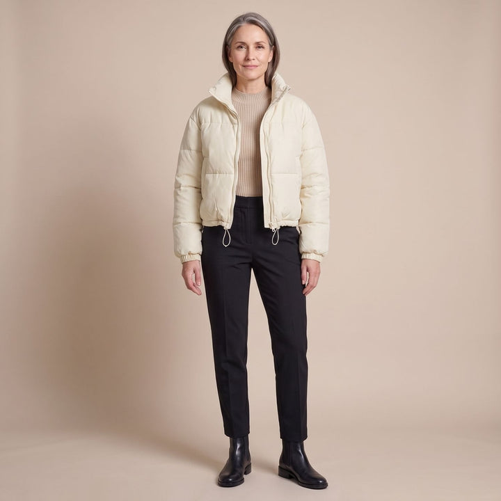 Odette quilted short puffer jacket in black, full outfit view on model