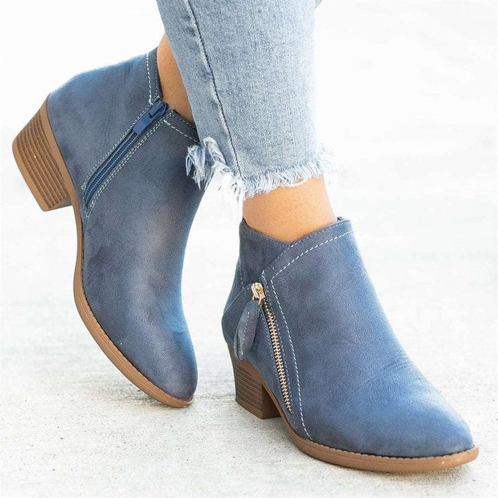 Marigold side zip block heel ankle boots in blue, side view